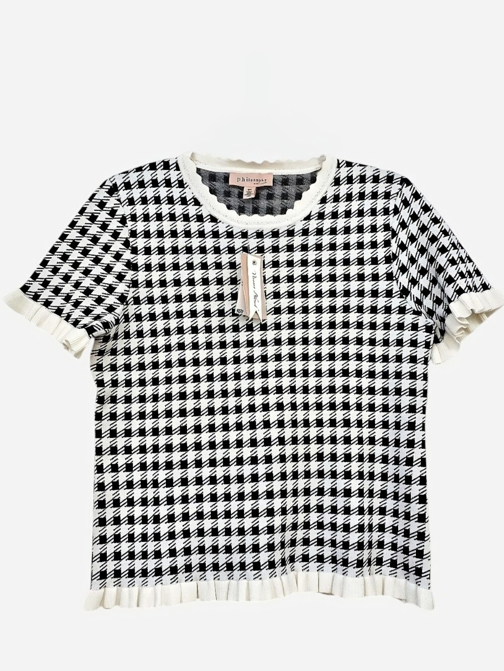 Philosophy Black and White Ruffled Houndstooth Gingham Jacquard Knit Top, M